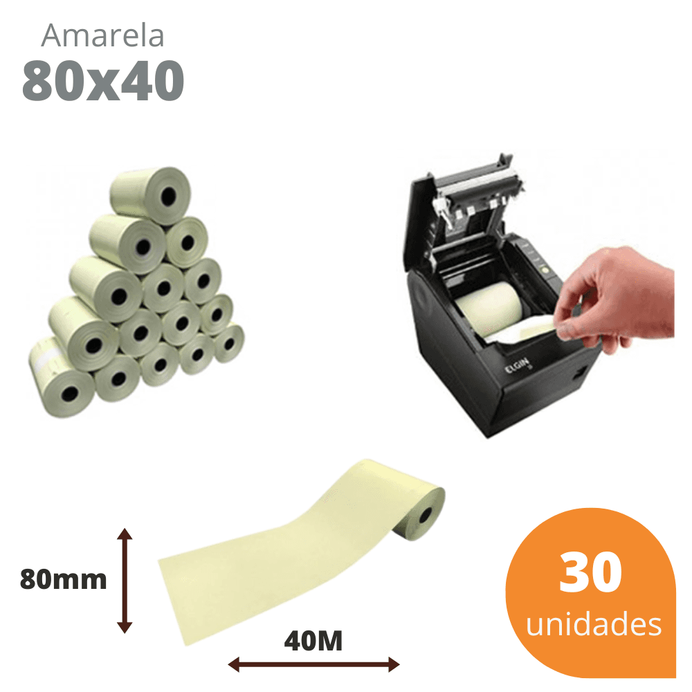 Bobina Térmica 80x40 Amarela para Cupom Fiscal PDV – Kit com 30 Unidades | Direct Paper